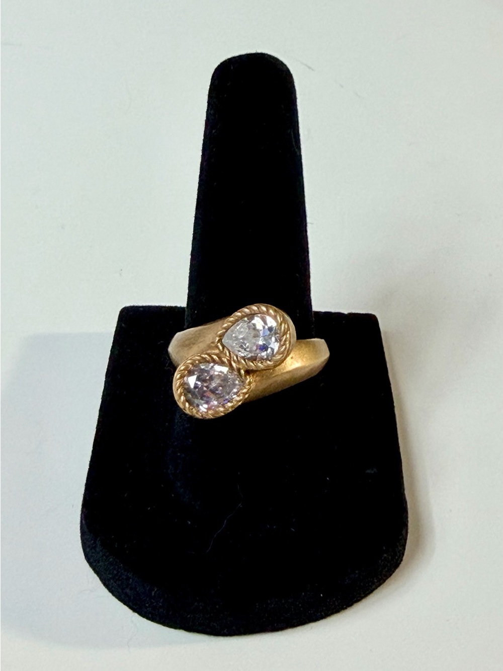 PAJ BB CZ Gold Tone Two Stone Bypass Ring Size 7
